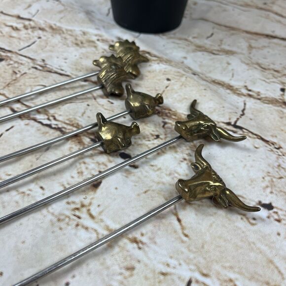 Set of 6 Vintage Brass Top Animal Shape Shish Kabob Skewers Stainless Steel - Picture 1 of 3